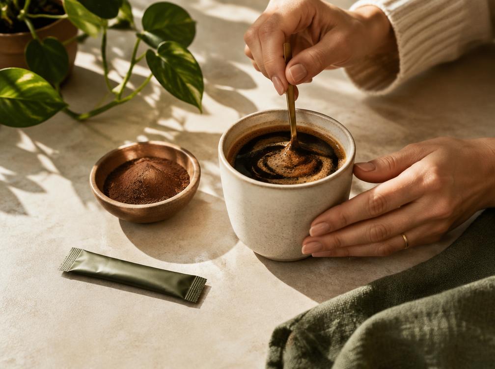 Slimqa-style sachet beside coffee being stirred